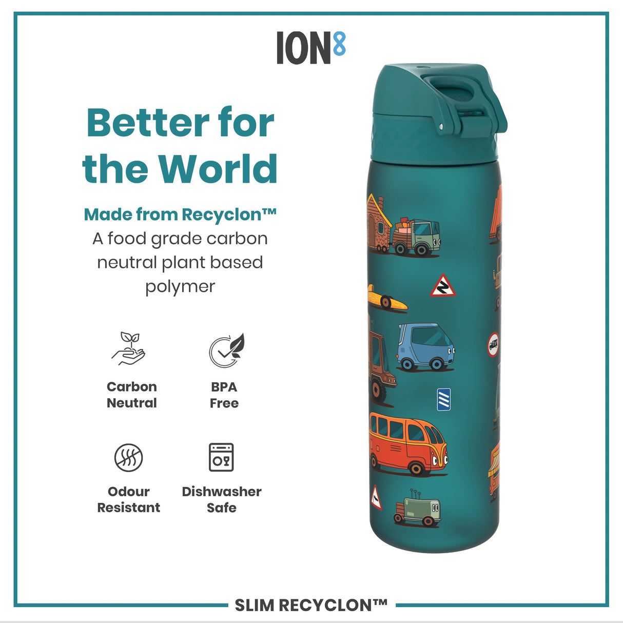 ION8 Leak Proof Slim Water Bottle, Recyclon, Automobile, 500ml (18oz)