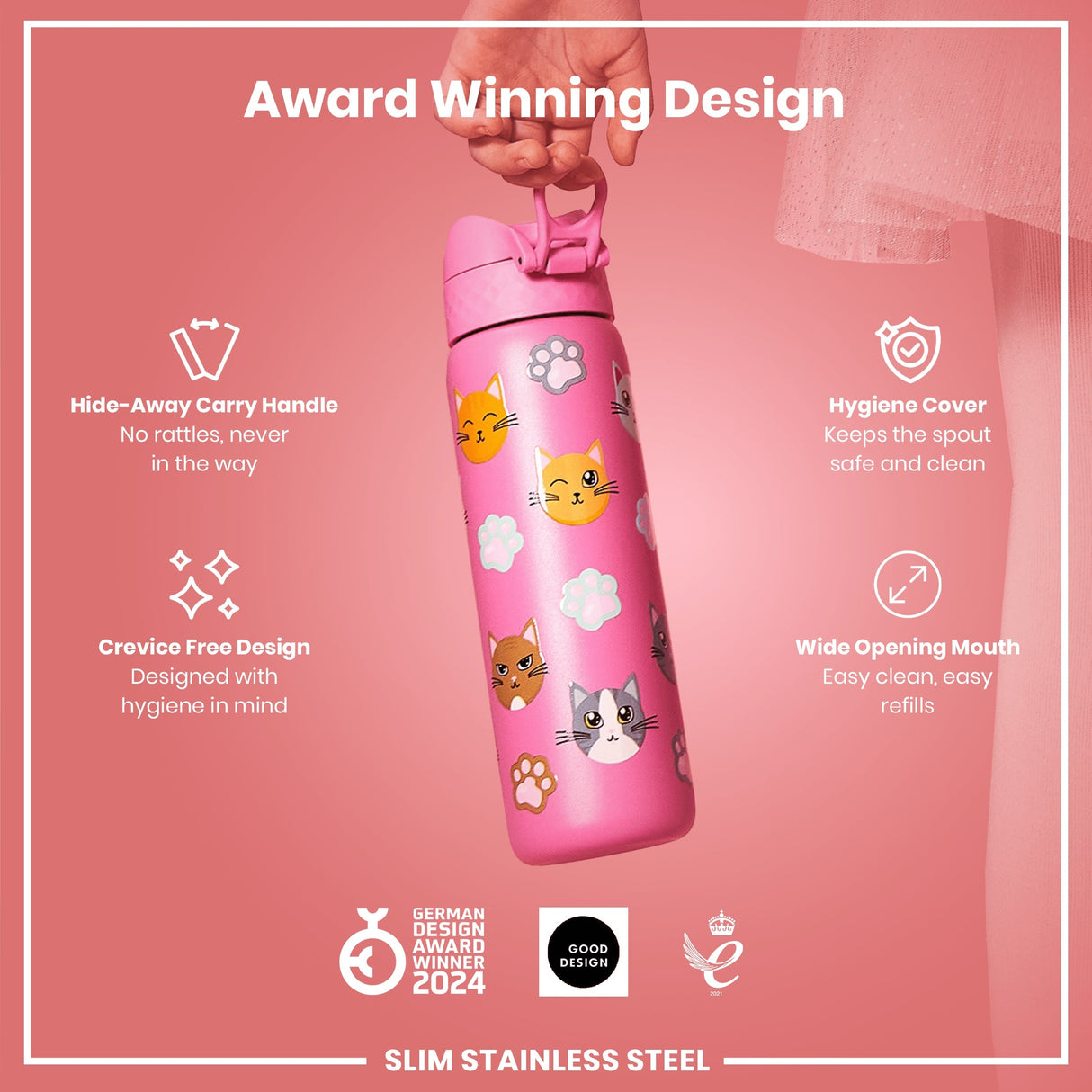 ION8 Leak Proof Slim Water Bottle, Stainless Steel, Cats, 600ml (20oz)