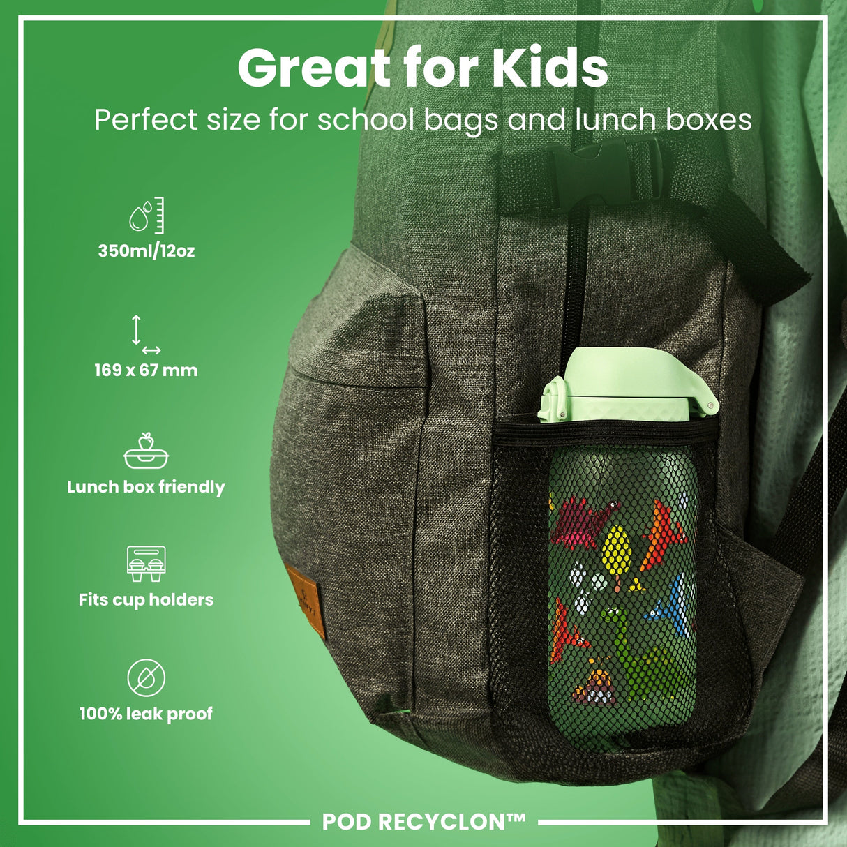 ION8 Leak Proof Kids Water Bottle, Recyclon, Dinosaur, 350ml (12oz)