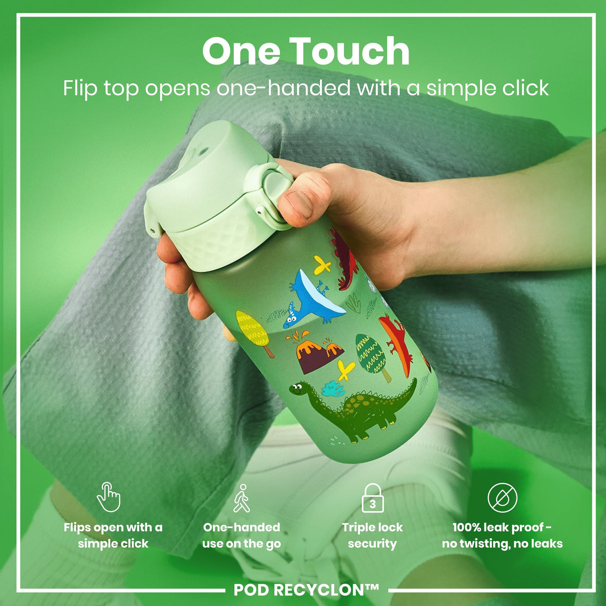 ION8 Leak Proof Kids Water Bottle, Recyclon, Dinosaur, 350ml (12oz)