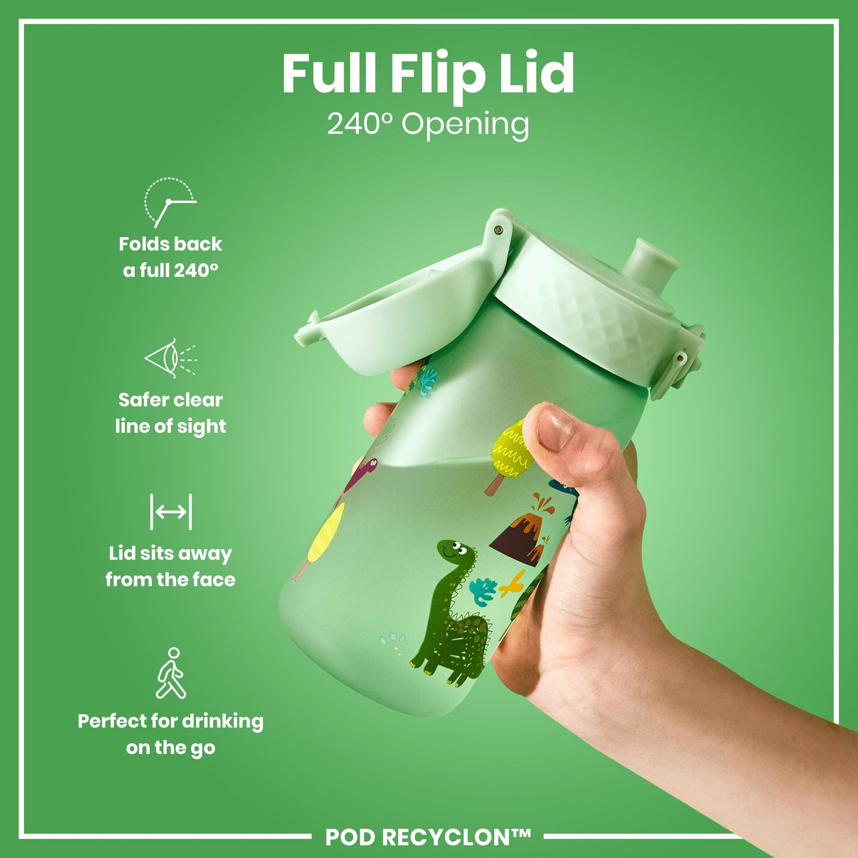 ION8 Leak Proof Kids Water Bottle, Recyclon, Dinosaur, 350ml (12oz)