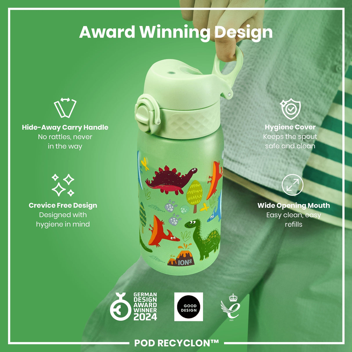 ION8 Leak Proof Kids Water Bottle, Recyclon, Dinosaur, 350ml (12oz)