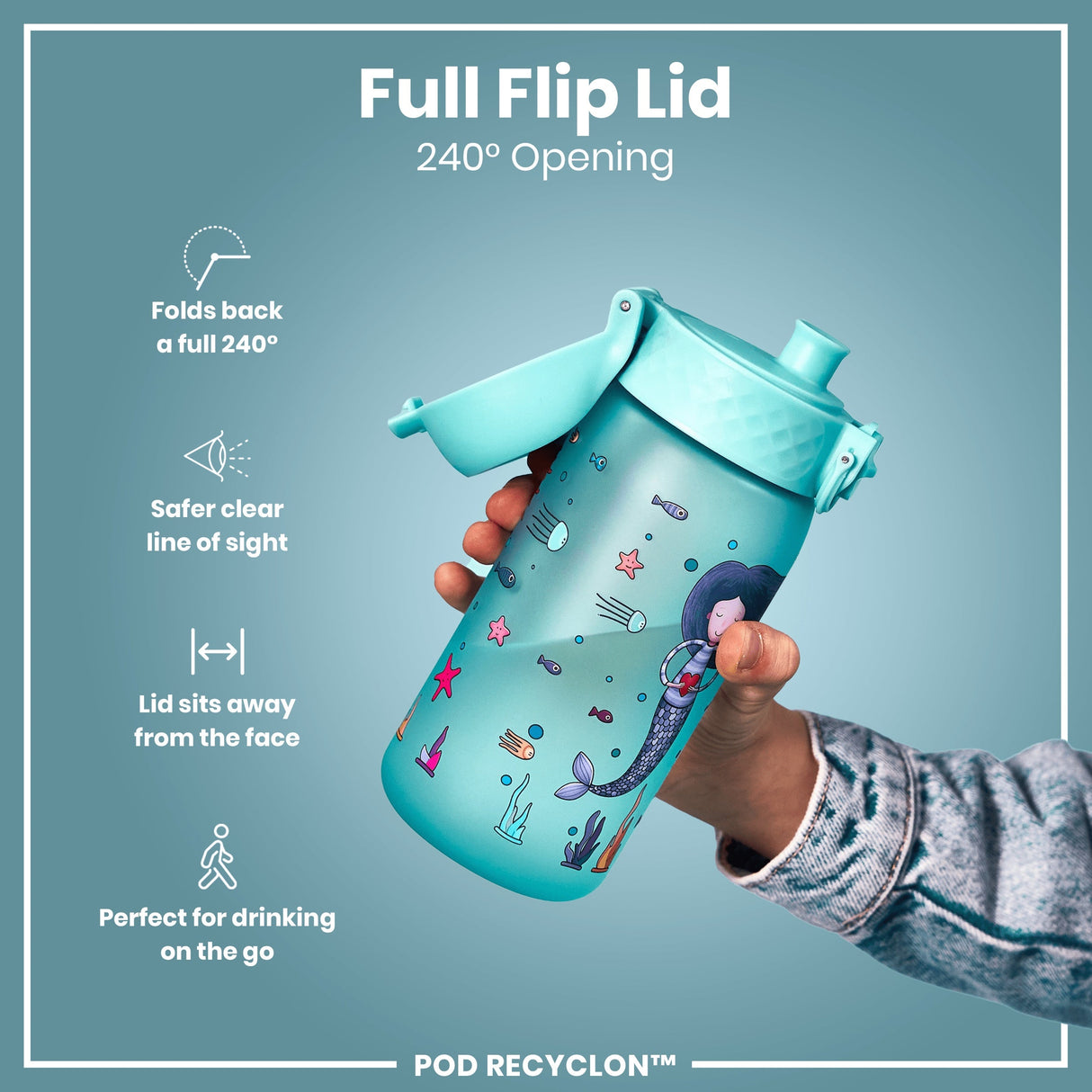 ION8 Leak Proof Kids Water Bottle, Recyclon, Mermaid, 350ml (12oz)