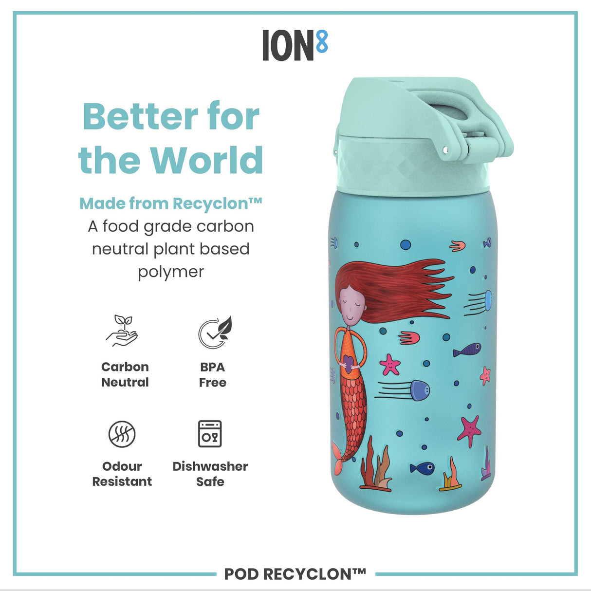 ION8 Leak Proof Kids Water Bottle, Recyclon, Mermaid, 350ml (12oz)