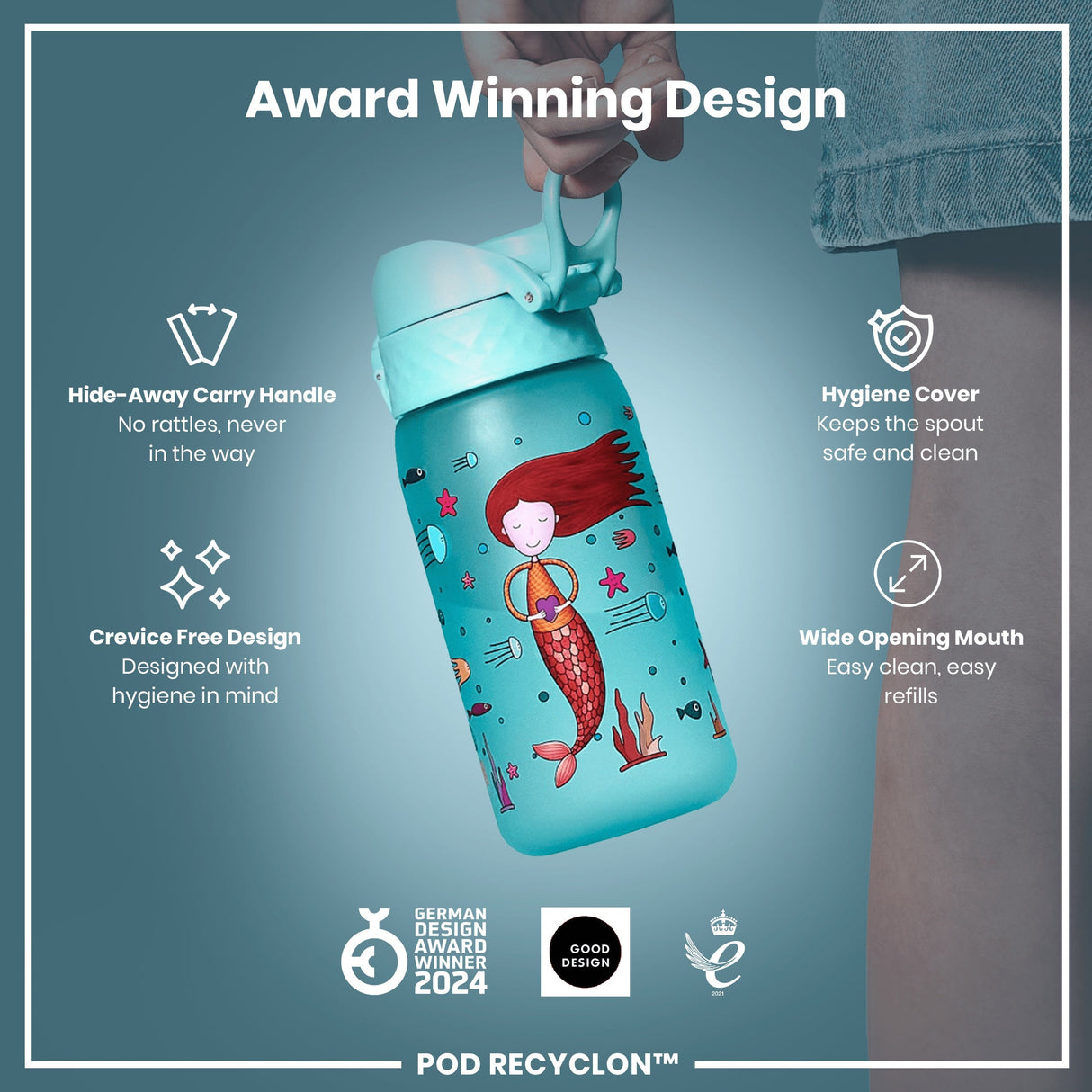ION8 Leak Proof Kids Water Bottle, Recyclon, Mermaid, 350ml (12oz)