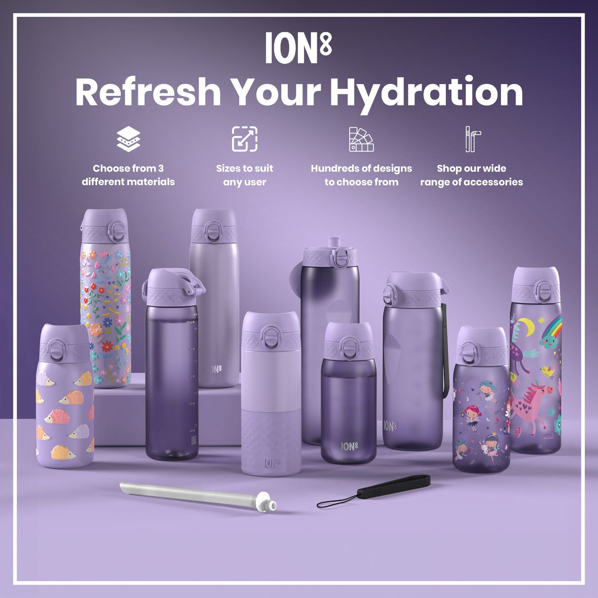 ION8 Leak Proof Slim Thermal Steel Water Bottle, Insulated, Butterfly, 500ml (17oz)