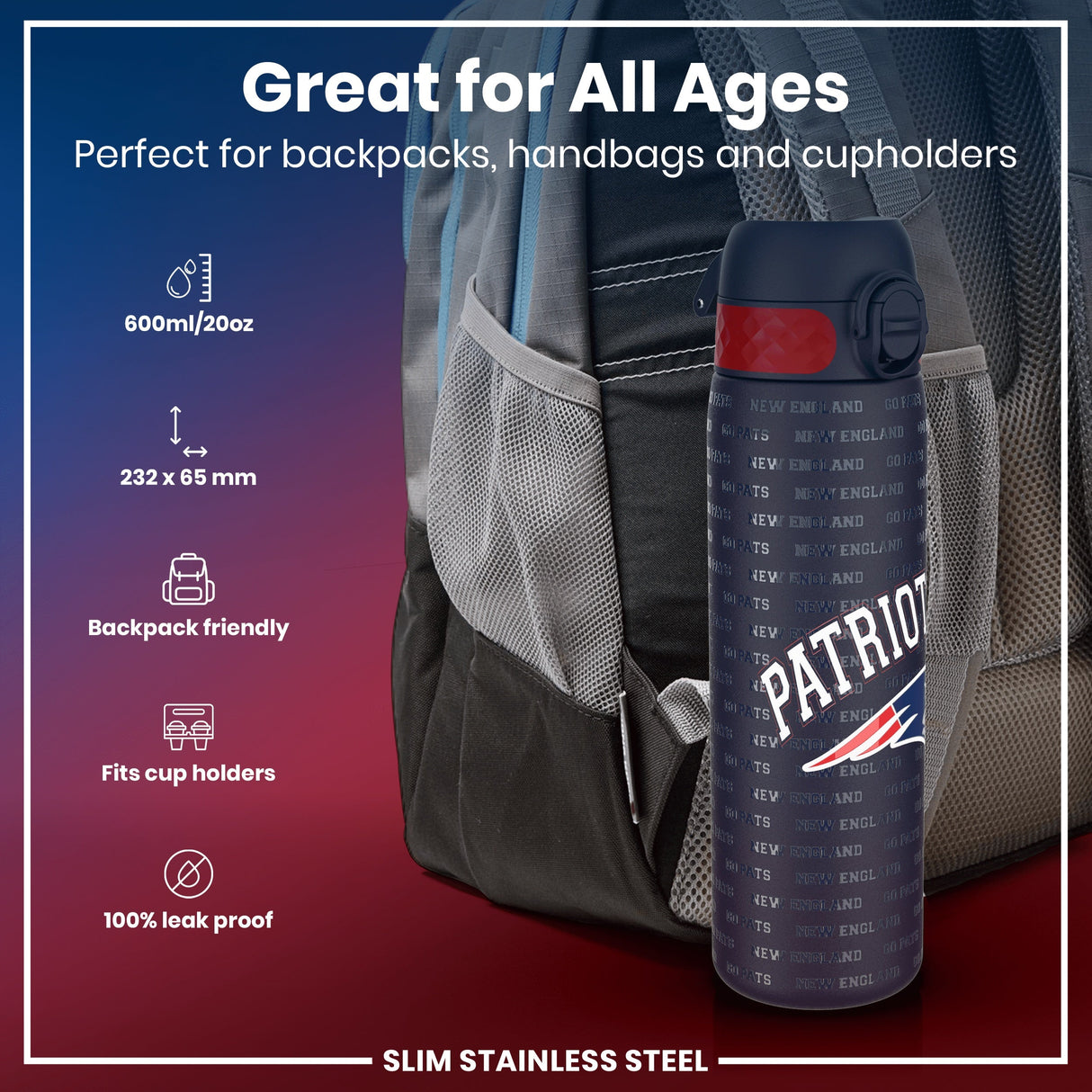 ION8 Leak Proof NFL Water Bottle, Stainless Steel, New England Patriots, 600ml