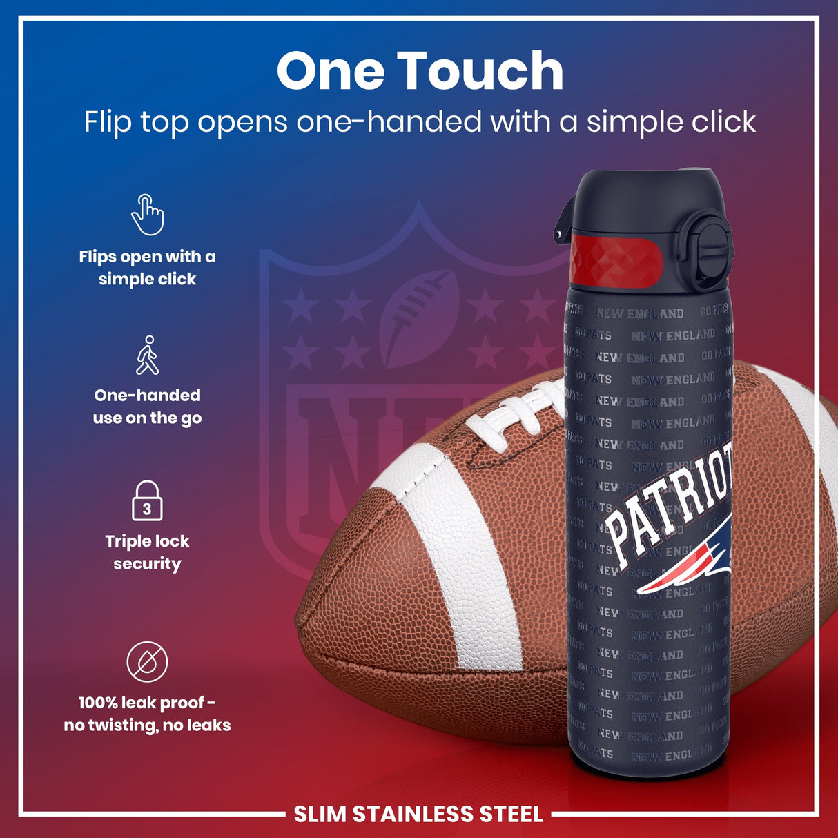ION8 Leak Proof NFL Water Bottle, Stainless Steel, New England Patriots, 600ml