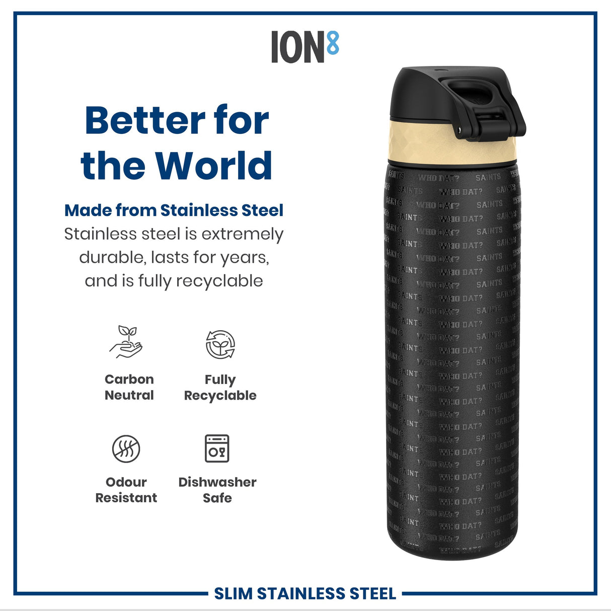 ION8 Leak Proof NFL Water Bottle, Stainless Steel, New Orleans Saints, 600ml (20oz)