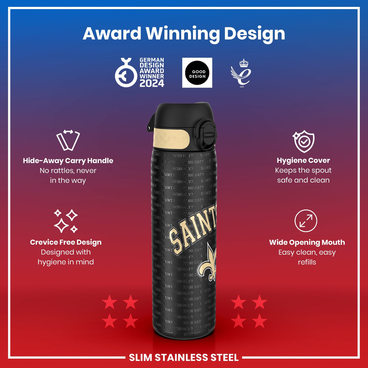 ION8 Leak Proof NFL Water Bottle, Stainless Steel, New Orleans Saints, 600ml (20oz)