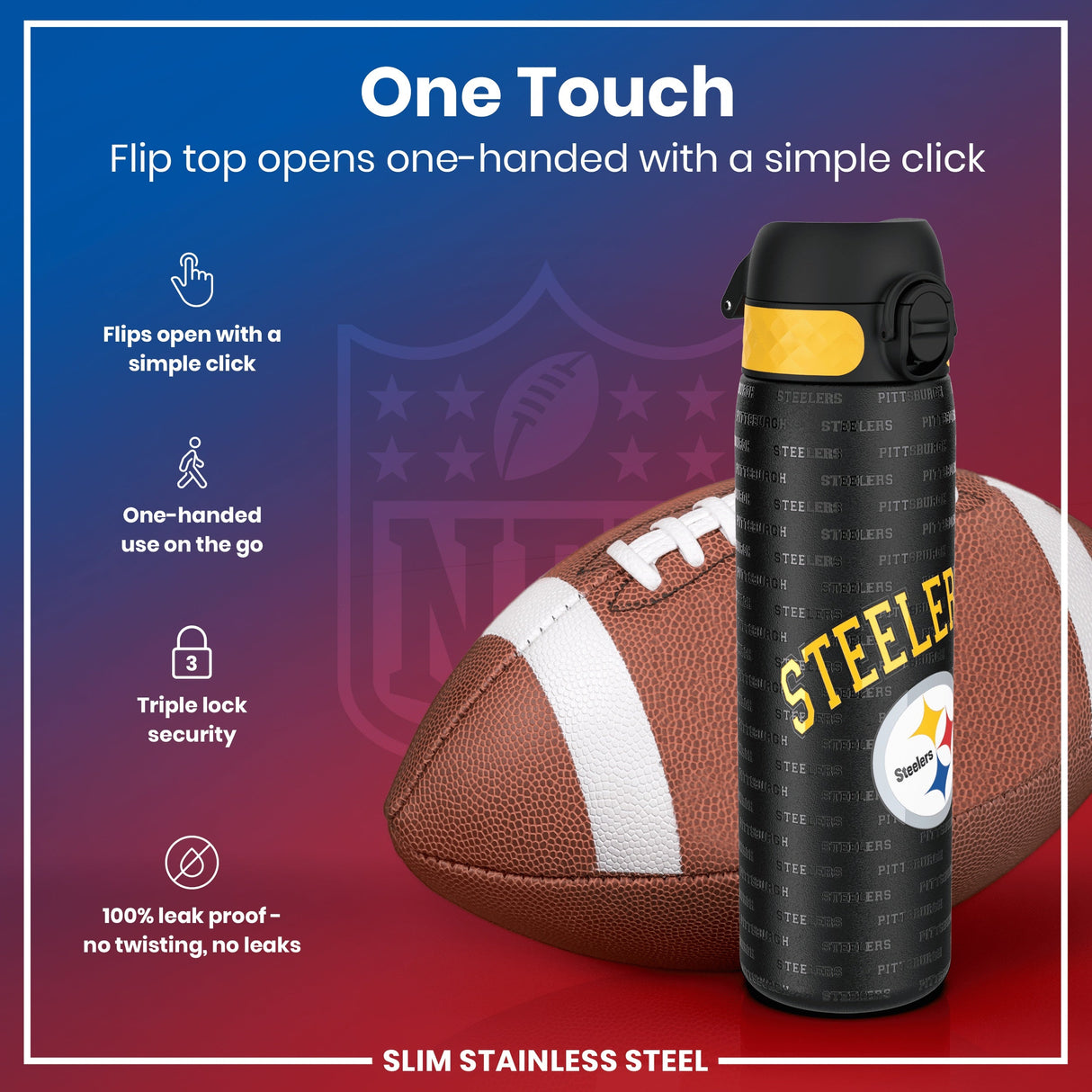 ION8 Leak Proof NFL Water Bottle, Stainless Steel, Pittsburgh Steelers, 600ml (20oz)