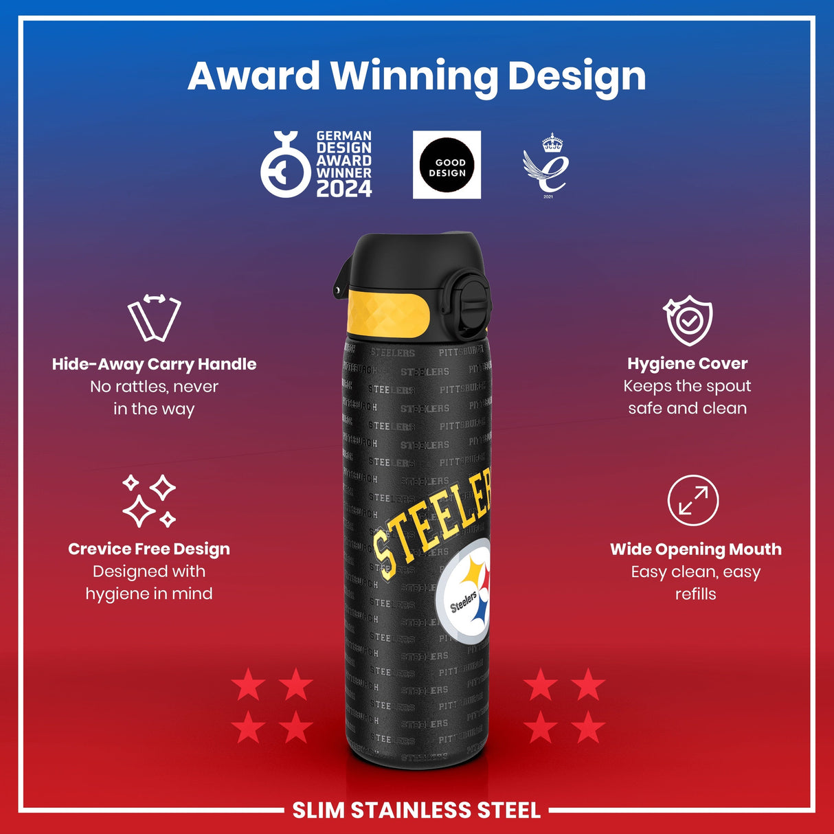 ION8 Leak Proof NFL Water Bottle, Stainless Steel, Pittsburgh Steelers, 600ml (20oz)