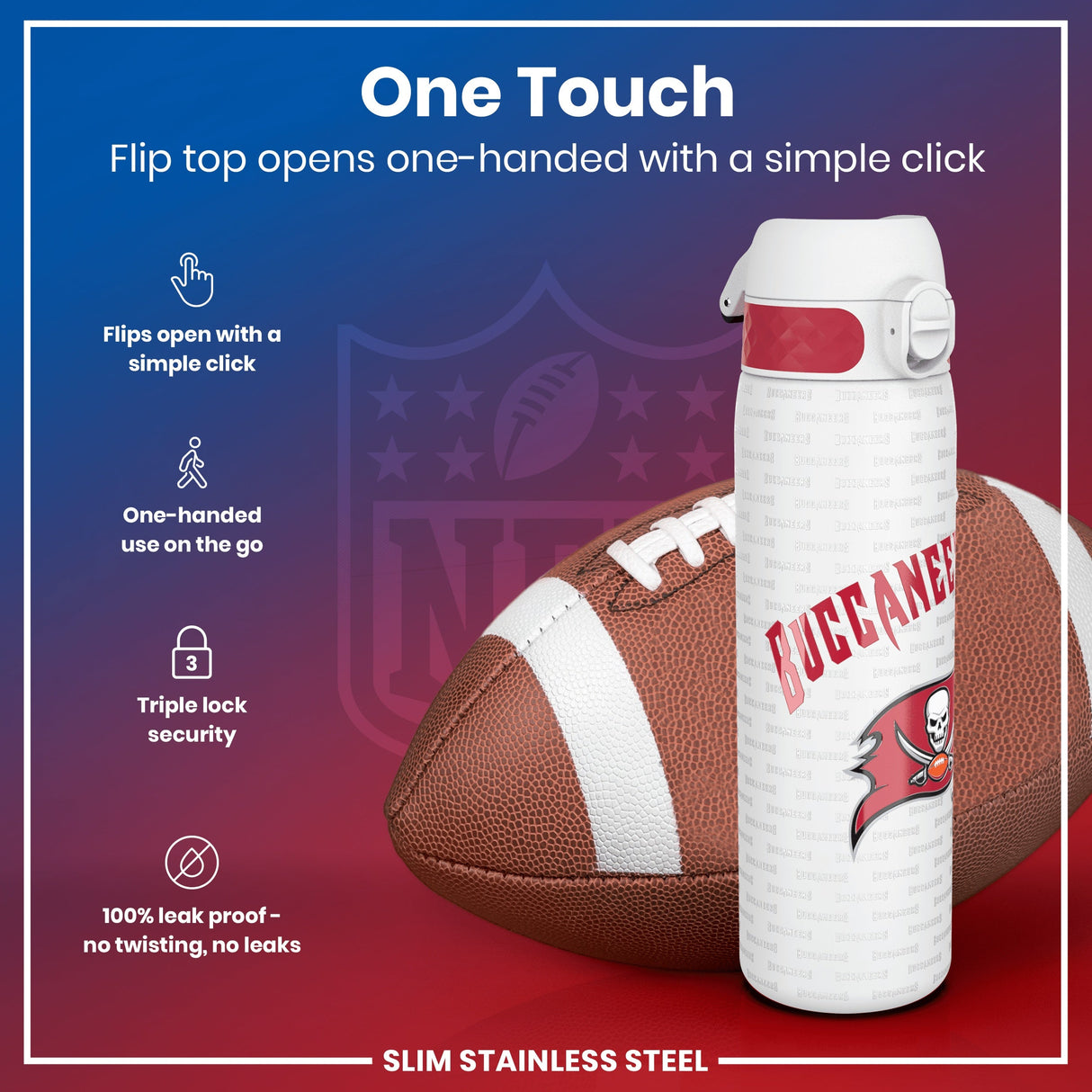 ION8 Leak Proof NFL Water Bottle, Stainless Steel, Arizona Cardinals, 600ml (20oz)