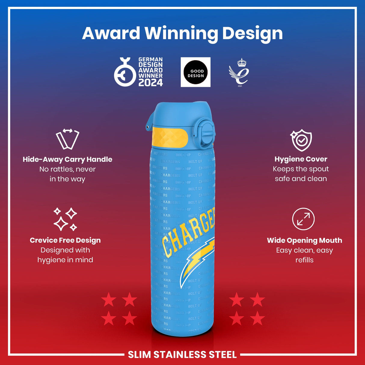 ION8 Leak Proof NFL Water Bottle, Stainless Steel, Los Angeles Chargers, 600ml (20oz)