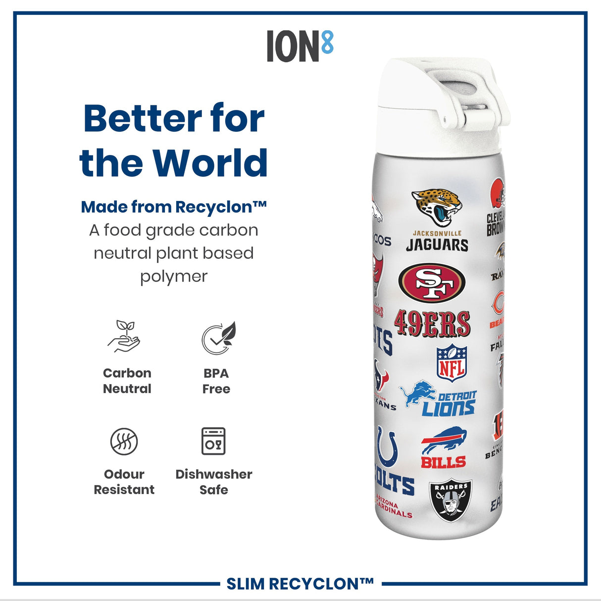 ION8 Leak Proof NFL Water Bottle, Recyclon, Multi Teams, 500ml (18oz)