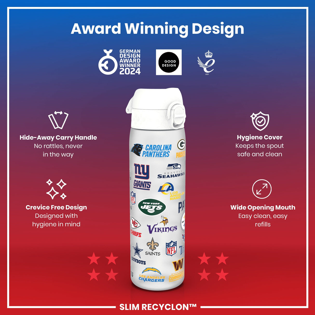 ION8 Leak Proof NFL Water Bottle, Recyclon, Multi Teams, 500ml (18oz)