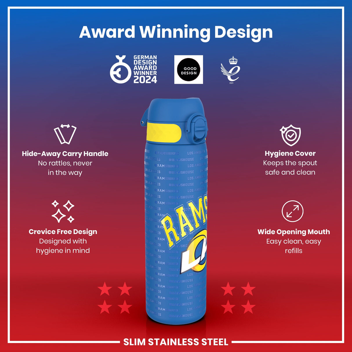 ION8 Leak Proof NFL Water Bottle, Stainless Steel, Los Angeles Rams, 600ml (20oz)