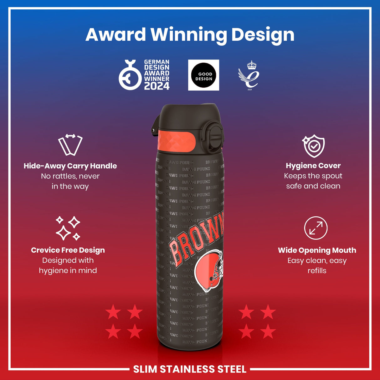 ION8 Leak Proof NFL Water Bottle, Stainless Steel, Cleveland Browns, 600ml (20oz)
