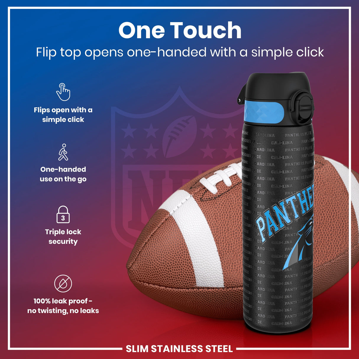ION8 Leak Proof NFL Water Bottle, Stainless Steel, Carolina Panthers, 600ml (20oz)