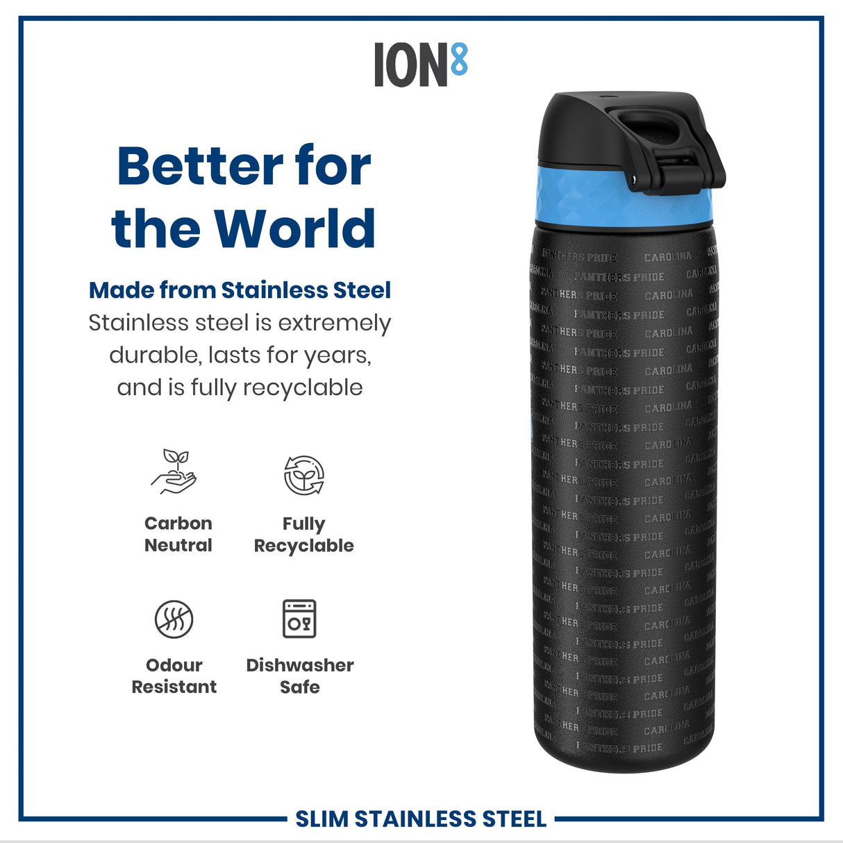 ION8 Leak Proof NFL Water Bottle, Stainless Steel, Carolina Panthers, 600ml (20oz)