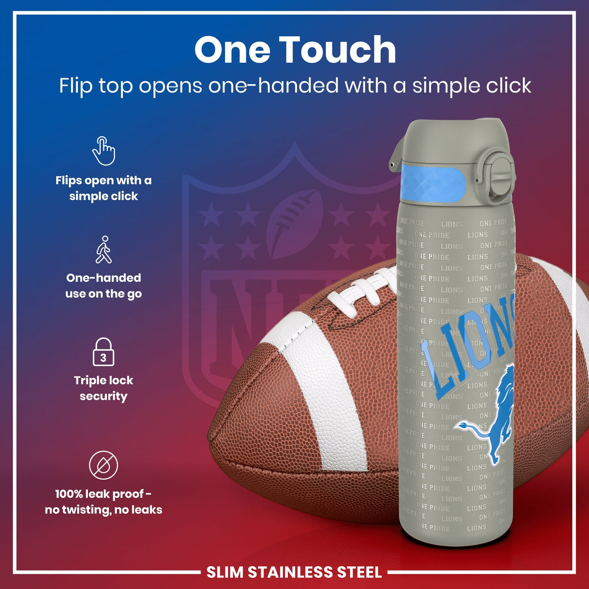 ION8 Leak Proof NFL Water Bottle, Stainless Steel, Detroit Lions, 600ml (20oz)