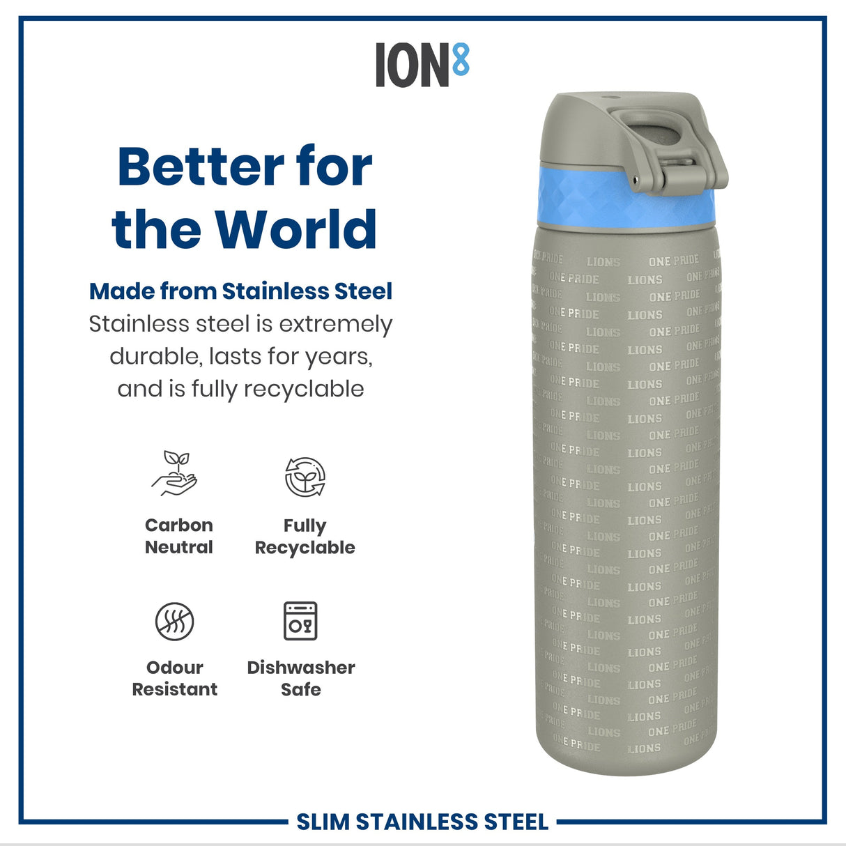 ION8 Leak Proof NFL Water Bottle, Stainless Steel, Detroit Lions, 600ml (20oz)