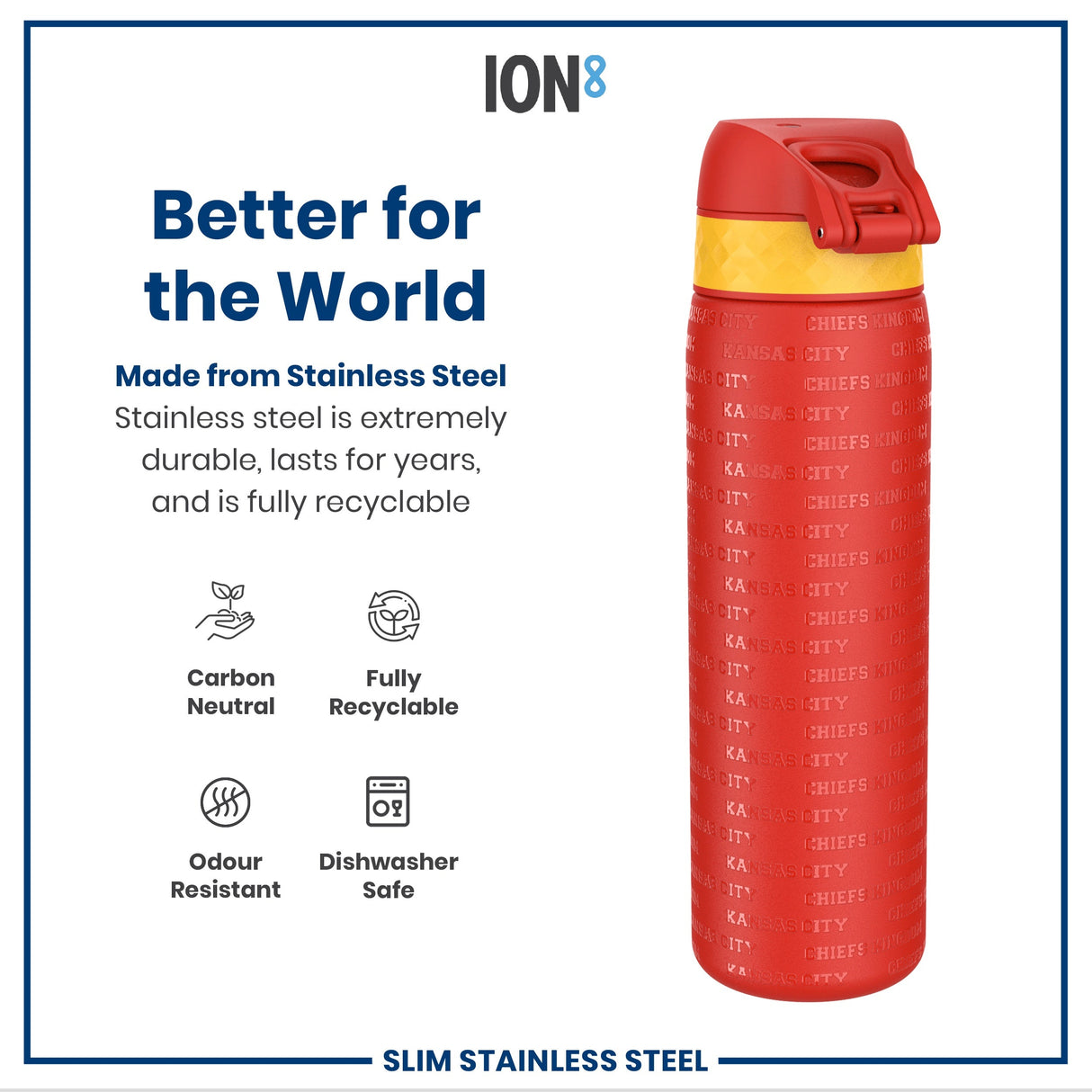 ION8 Leak Proof NFL Water Bottle, Stainless Steel, Kansas City Chiefs, 600ml (20oz)