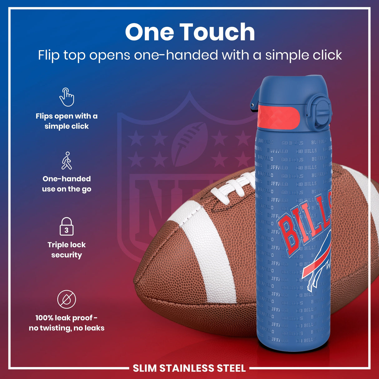 ION8 Leak Proof NFL Water Bottle, Stainless Steel, Buffalo Bills, 600ml (20oz)