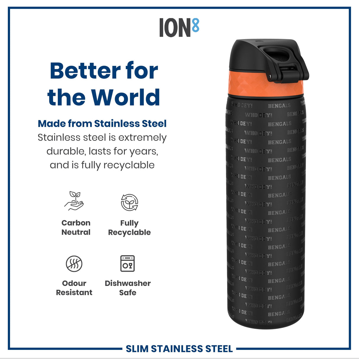 ION8 Leak Proof NFL Water Bottle, Stainless Steel, Cincinnati Bengals, 600ml (20oz)