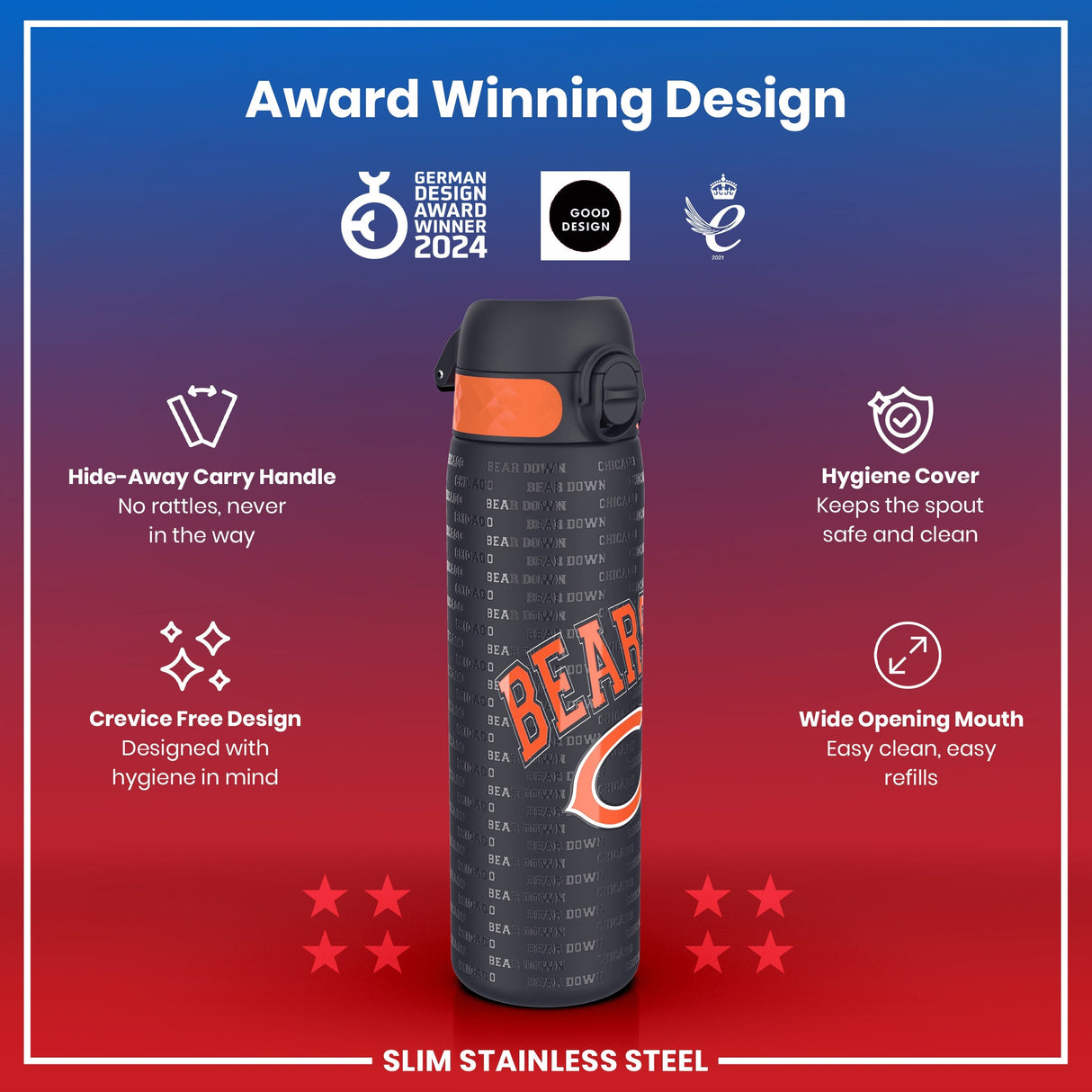 ION8 Leak Proof NFL Water Bottle, Stainless Steel, Chicago Bears, 600ml (20oz)