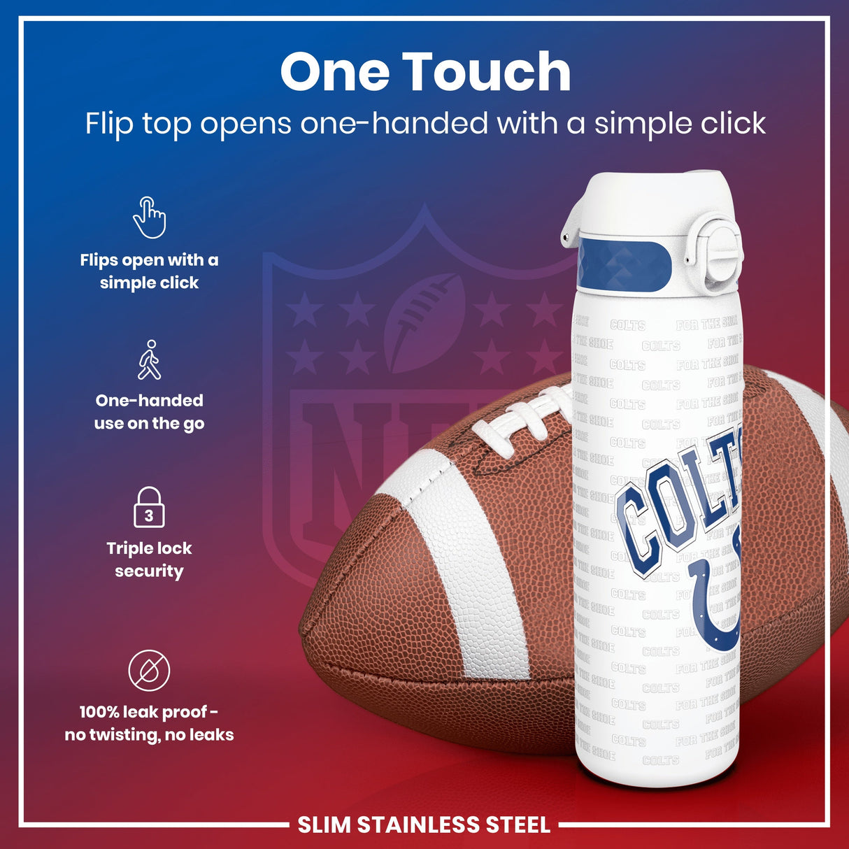 ION8 Leak Proof NFL Water Bottle, Stainless Steel, Indianapolis Colts, 600ml (20oz)
