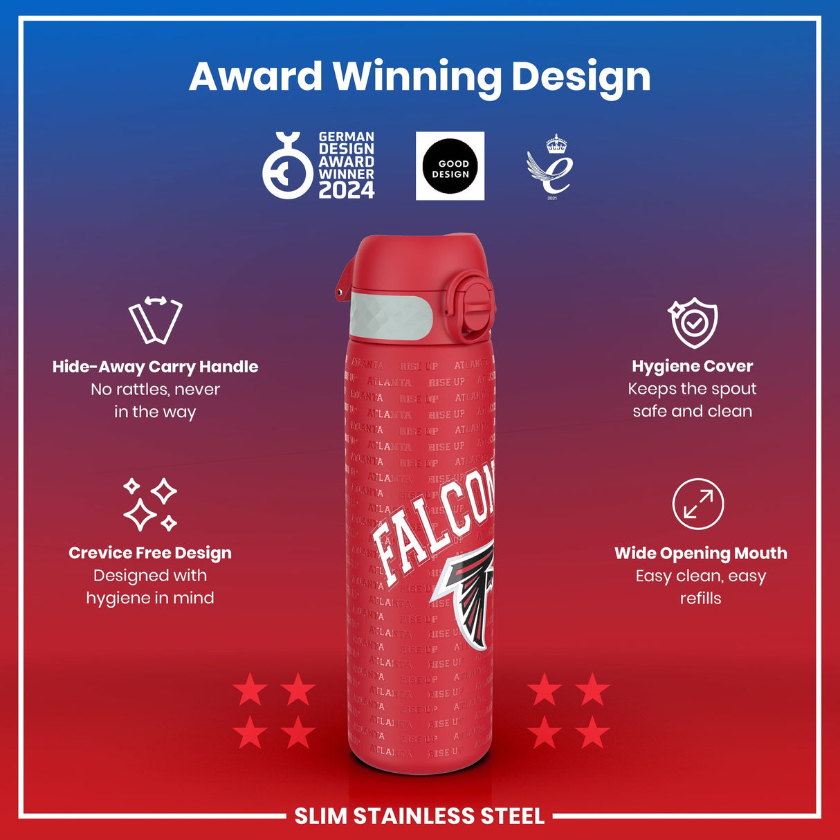 ION8 Leak Proof NFL Water Bottle, Stainless Steel, Atlanta Falcons, 600ml (20oz)