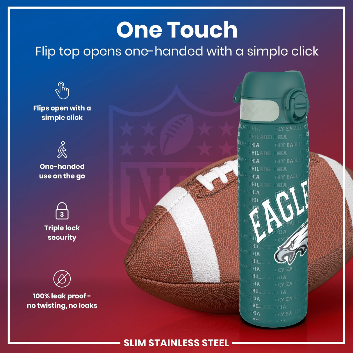 ION8 Leak Proof NFL Water Bottle, Stainless Steel, Philadelphia Eagles, 600ml (20oz)