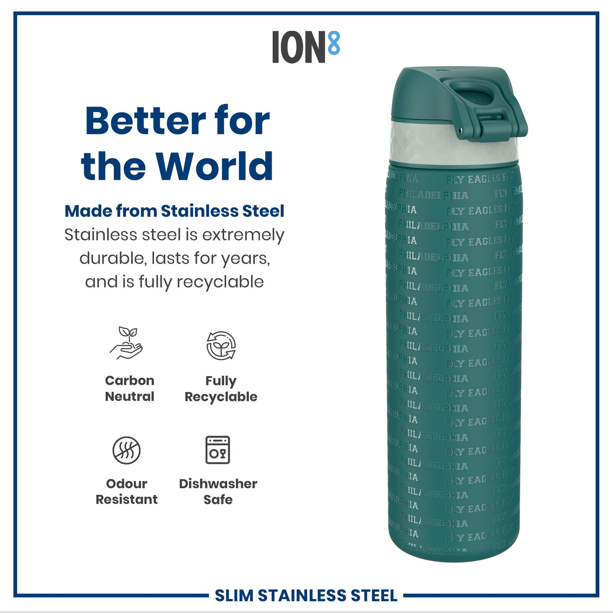 ION8 Leak Proof NFL Water Bottle, Stainless Steel, Philadelphia Eagles, 600ml (20oz)