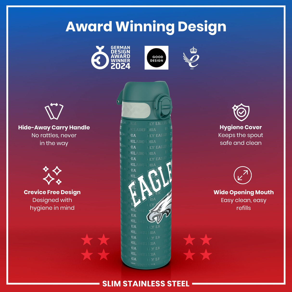 ION8 Leak Proof NFL Water Bottle, Stainless Steel, Philadelphia Eagles, 600ml (20oz)