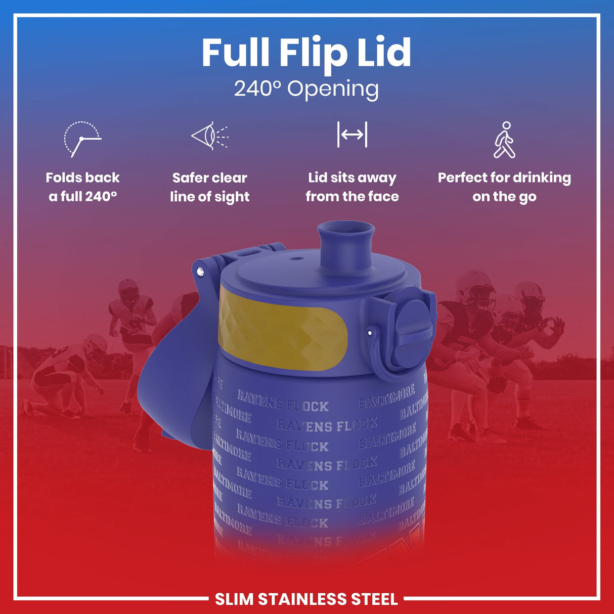 ION8 Leak Proof NFL Water Bottle, Stainless Steel, Baltimore Ravens, 600ml (20oz)