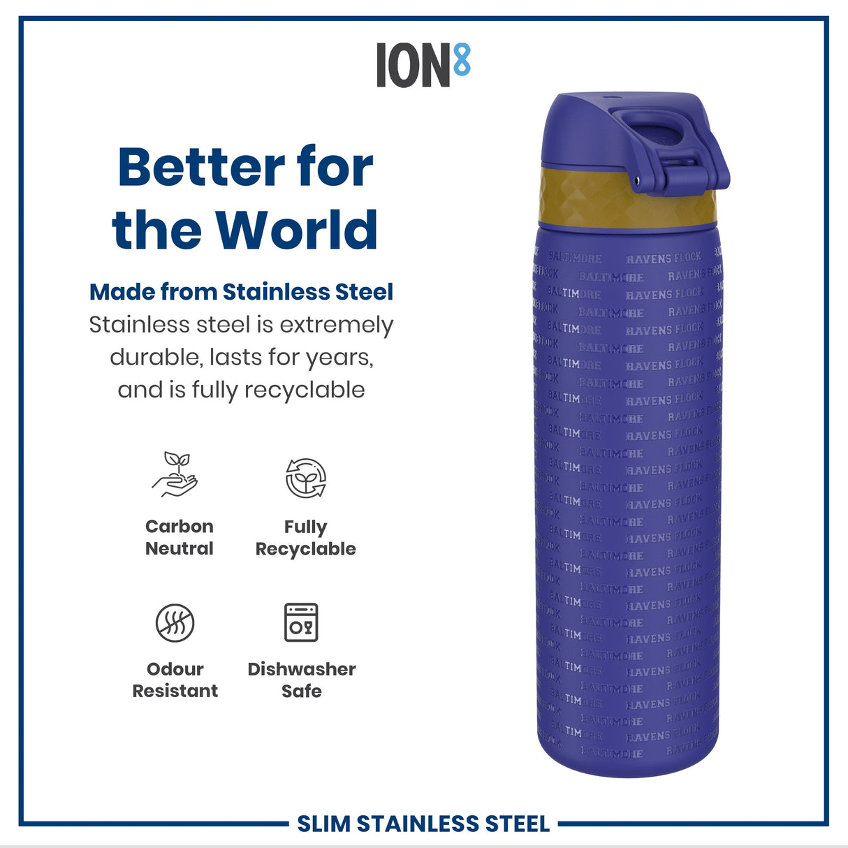 ION8 Leak Proof NFL Water Bottle, Stainless Steel, Baltimore Ravens, 600ml (20oz)
