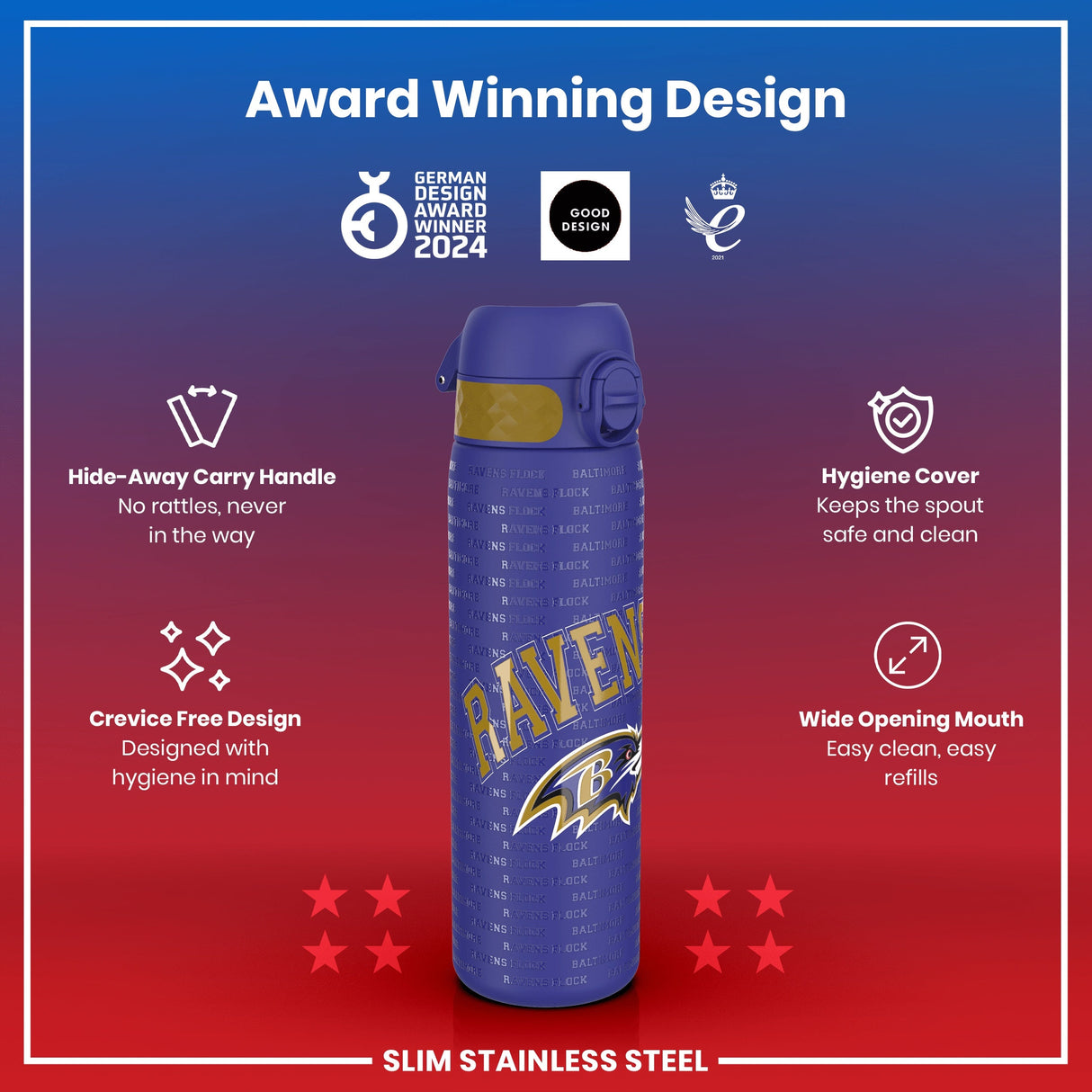 ION8 Leak Proof NFL Water Bottle, Stainless Steel, Baltimore Ravens, 600ml (20oz)