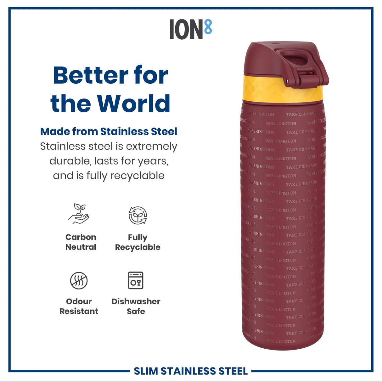 ION8 Leak Proof NFL Water Bottle, Stainless Steel, Washington Commanders, 600ml (20oz)