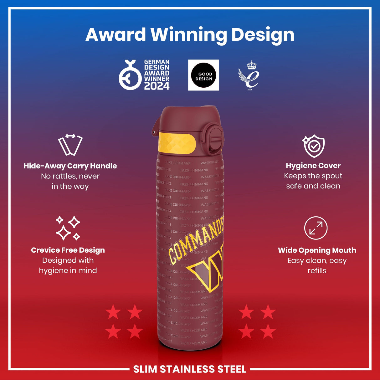 ION8 Leak Proof NFL Water Bottle, Stainless Steel, Washington Commanders, 600ml (20oz)