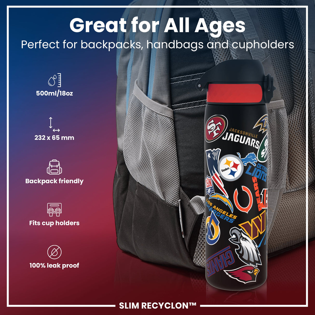 ION8 Leak Proof NFL Water Bottle, Recyclon, Patch Logos, 500ml (18oz)