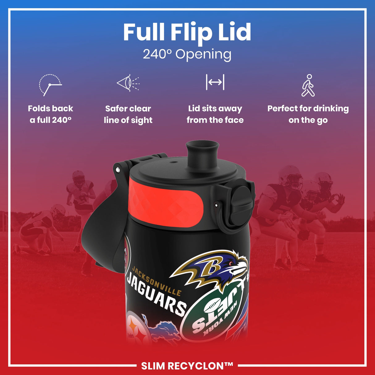 ION8 Leak Proof NFL Water Bottle, Recyclon, Patch Logos, 500ml (18oz)