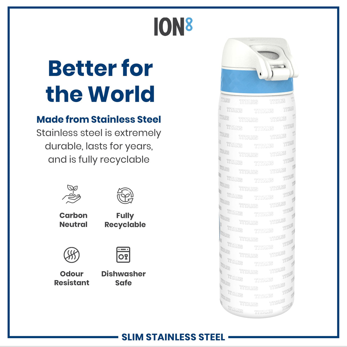 ION8 Leak Proof NFL Water Bottle, Stainless Steel, Tennessee Titans, 600ml (20oz)