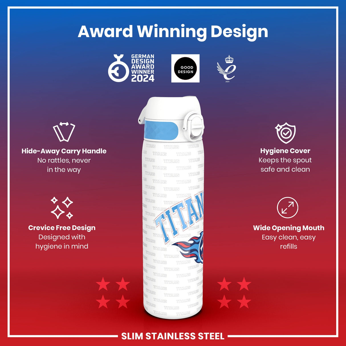 ION8 Leak Proof NFL Water Bottle, Stainless Steel, Tennessee Titans, 600ml (20oz)