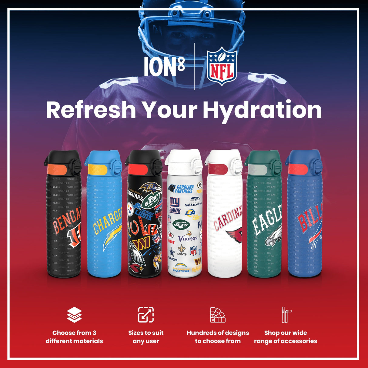 ION8 Leak Proof NFL Water Bottle, Stainless Steel, Houston Texans, 600ml (20oz)