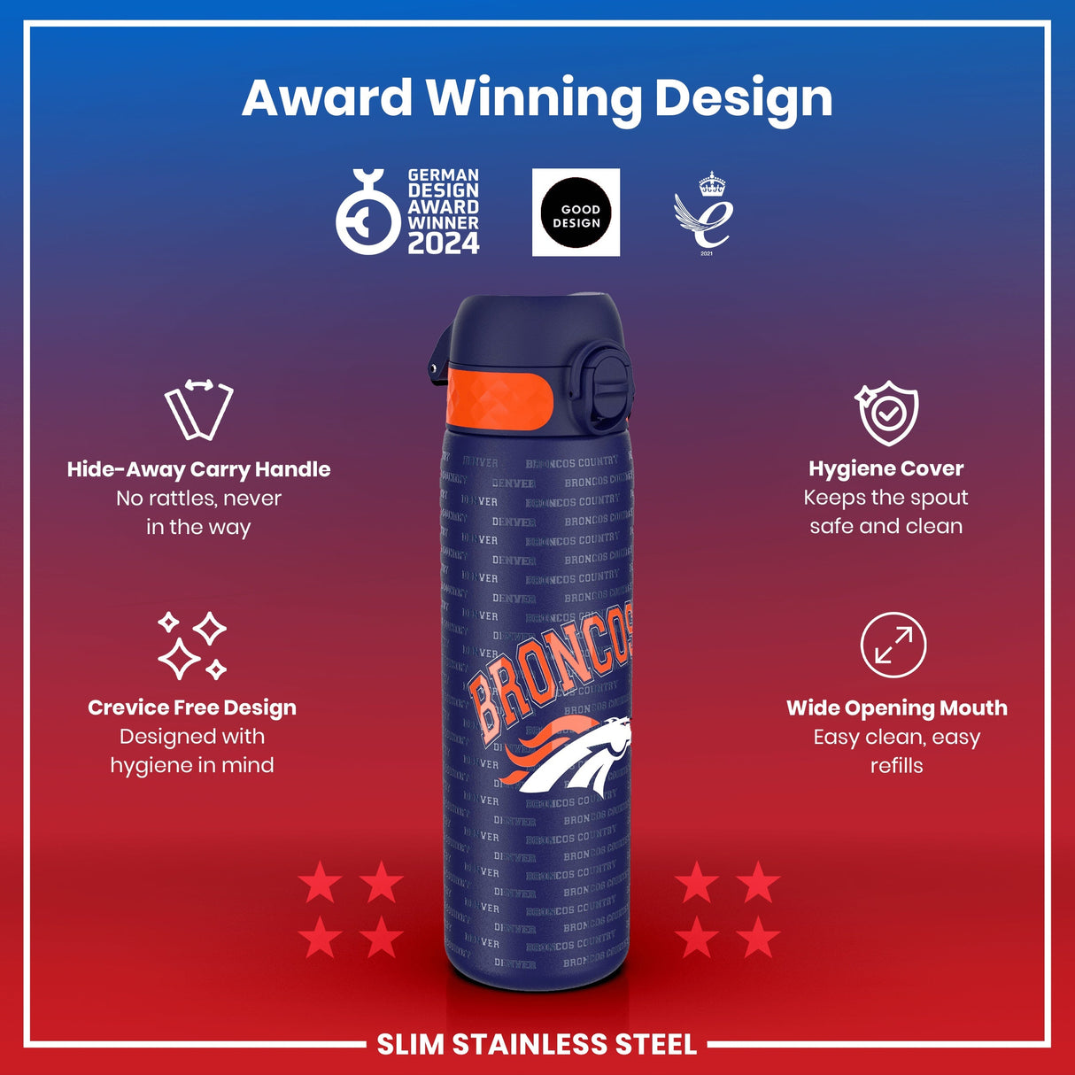 ION8 Leak Proof NFL Water Bottle, Stainless Steel, Denver Broncos, 600ml (20oz)