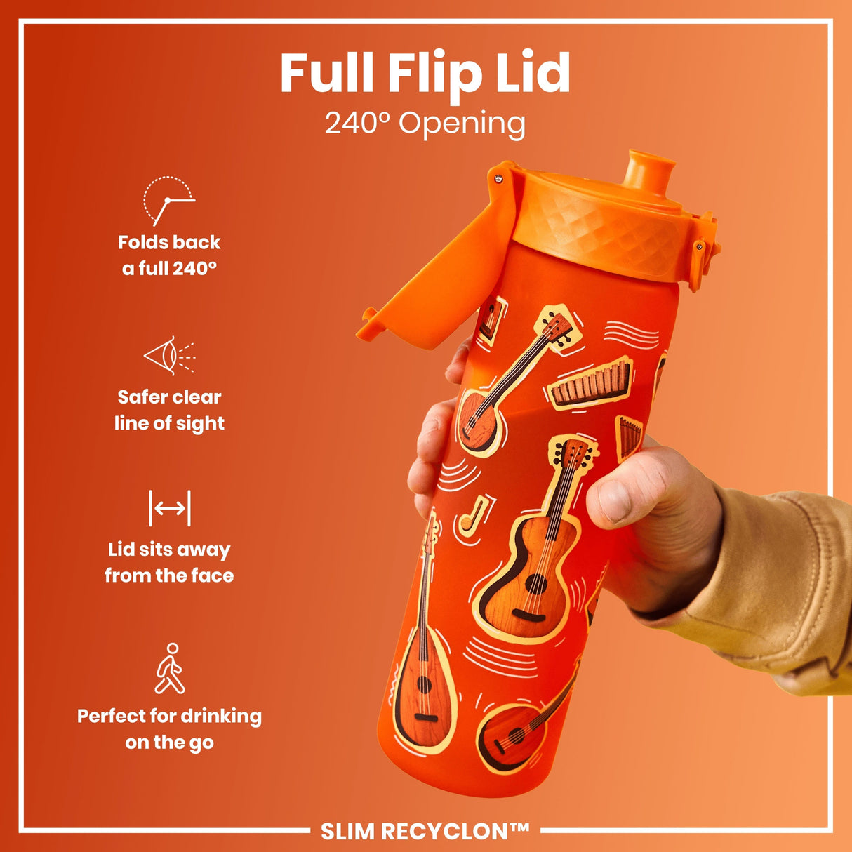 ION8 Leak Proof Slim Water Bottle, Recyclon, Music, 500ml (18oz)
