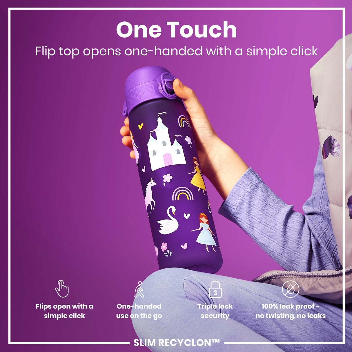 ION8 Leak Proof Slim Water Bottle, Recyclon, Princess, 500ml (18oz)