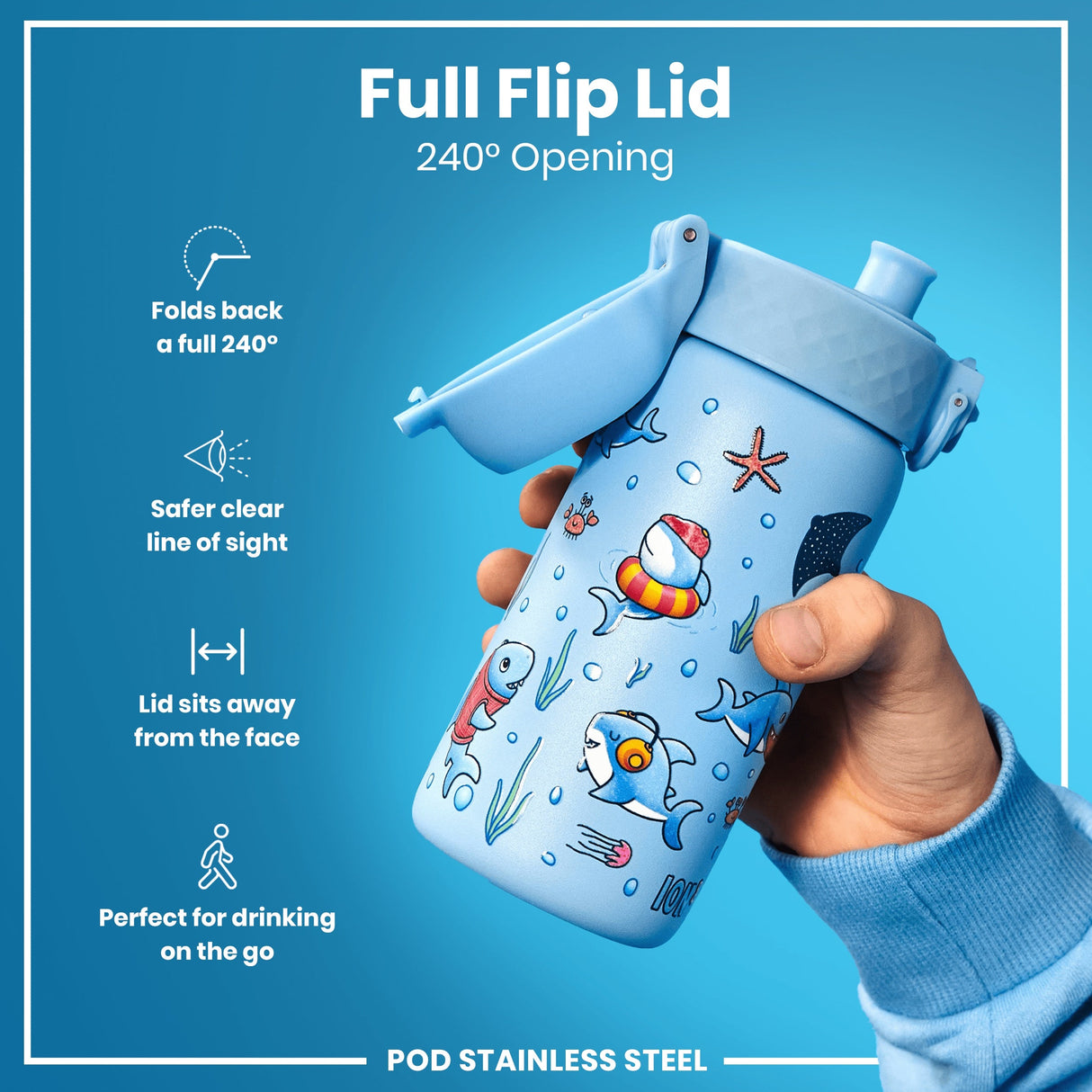 ION8 Leak Proof Kids Water Bottle, Stainless Steel, Sharks, 400ml (13oz)
