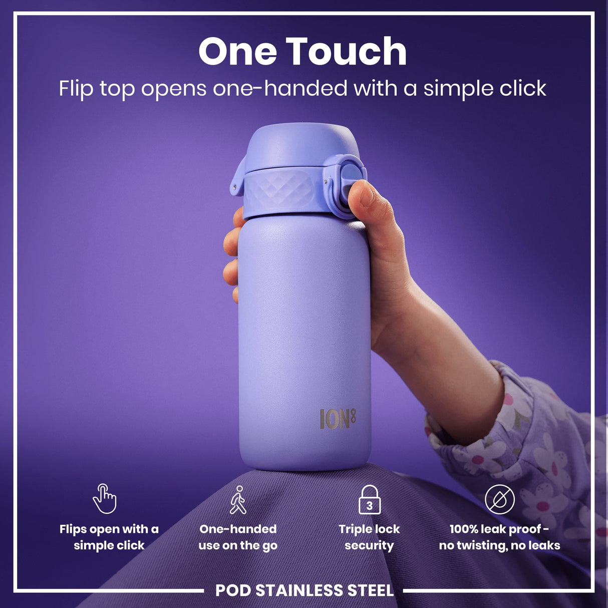 ION8 Leak Proof Kids Water Bottle, Stainless Steel, Light Purple, 400ml (13oz)
